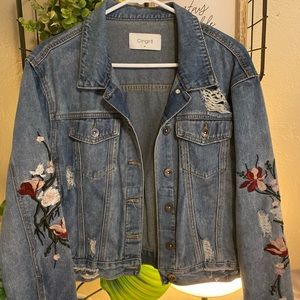 Clingirl Floral Embroidered Distressed Jean Jacket